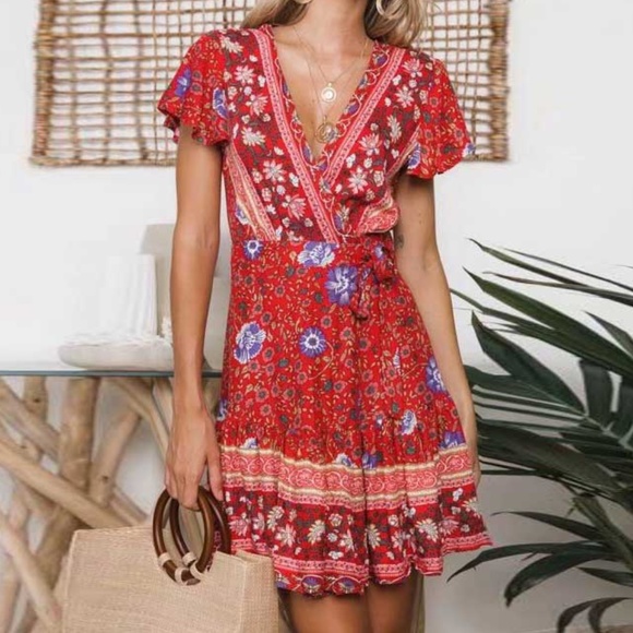 Bohemian Mint Green Floral Print Butterfly Sleeve Wrap Dress - Picture 11 of 11